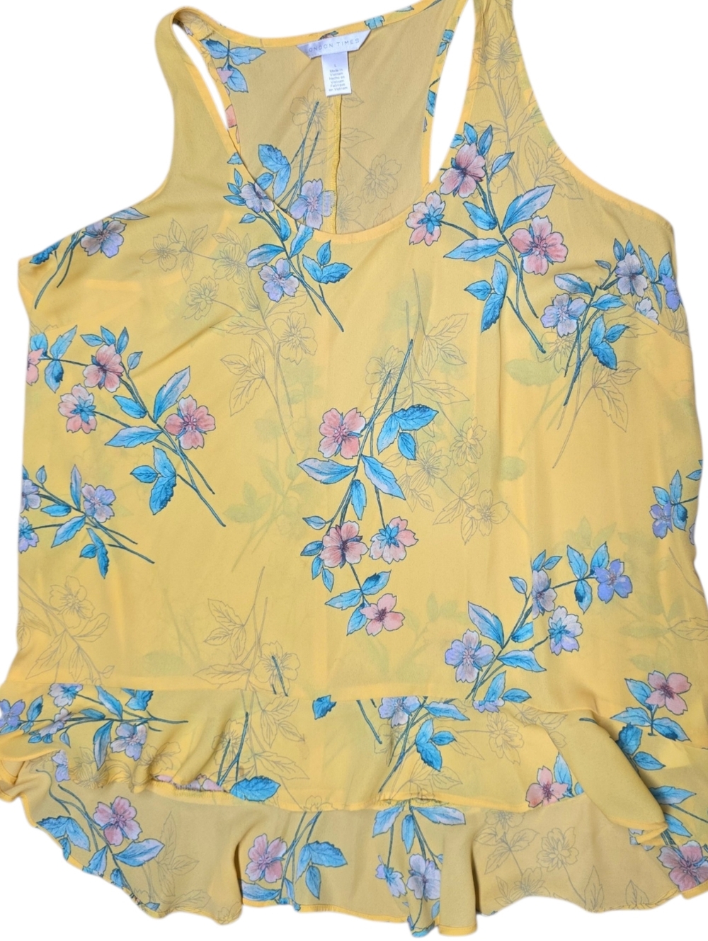 London Times Yellow Floral Ruffle Tank Top